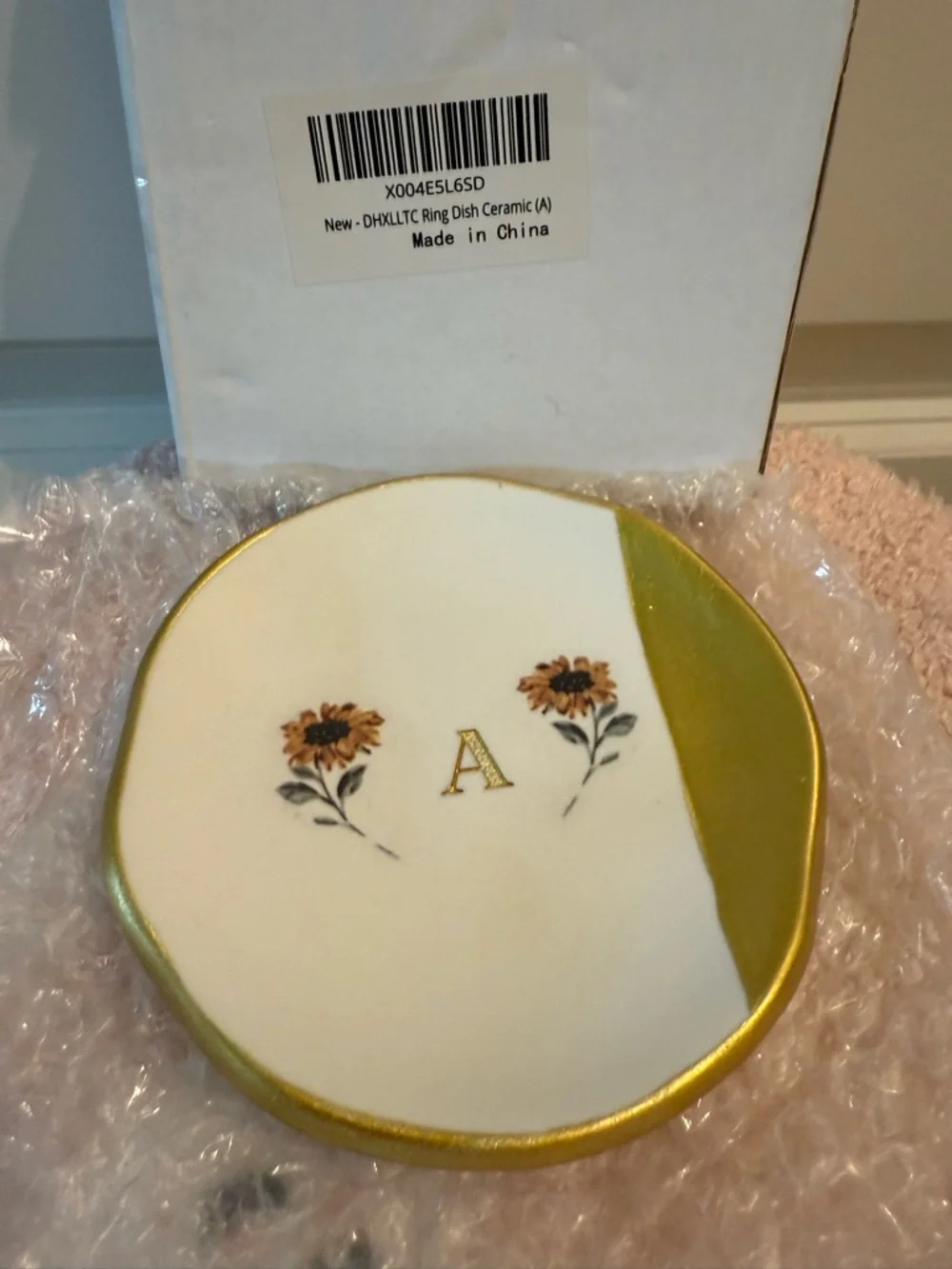 Monogram 'A' Ceramic Ring Dish with Sunflower Motif - White & Gold